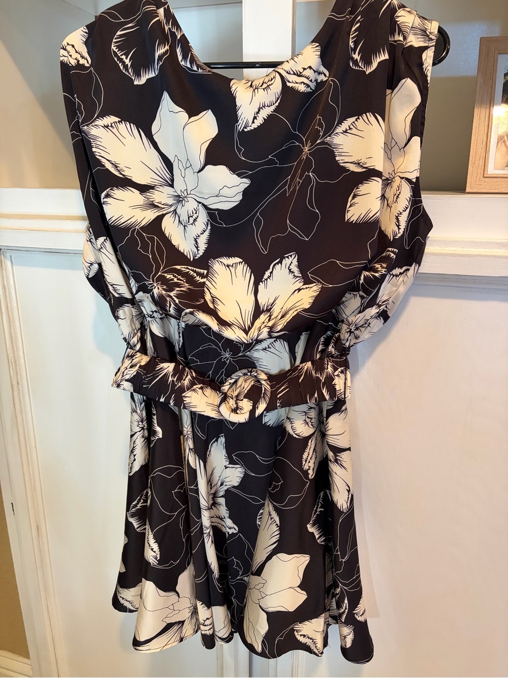Satin floral  Print Black and White Belted Women's Dress medium